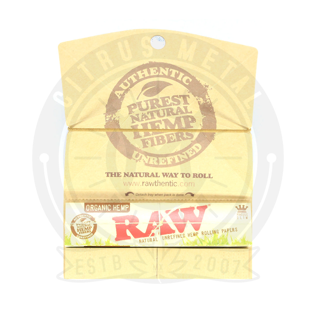 Papel RAW Organic Hemp Artesano con Filtro Medida King Size Slim